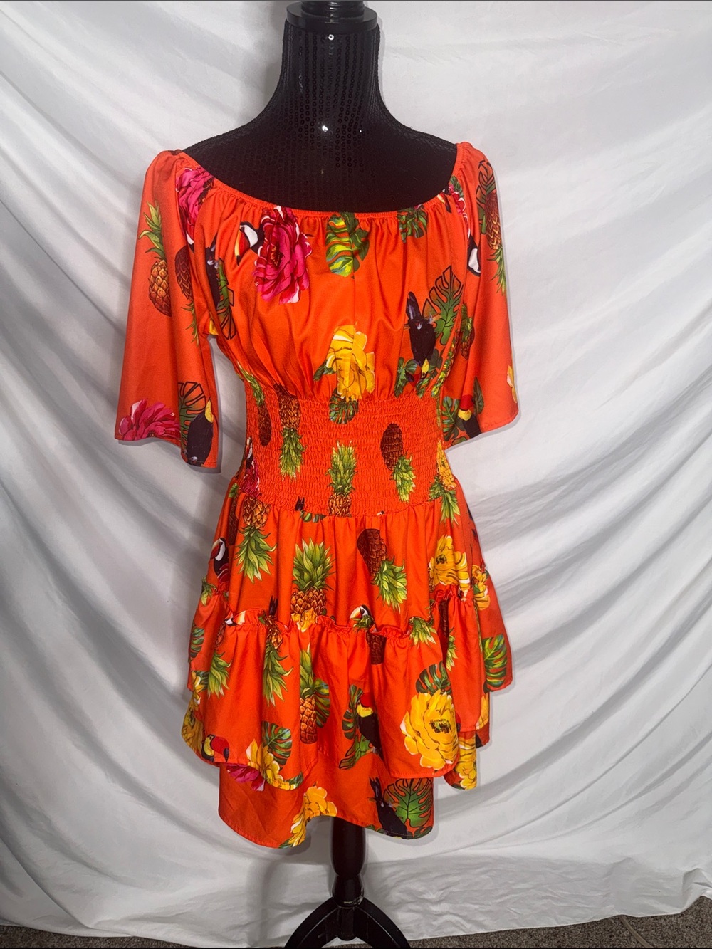 Orange Tropical Off-Shoulder Midi Dress with Smocked Waist